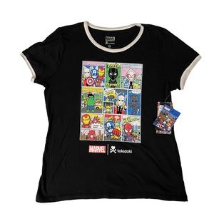 tokidoki Black Graphic Ringer Tee with Multicolor Marvel Comic Panels